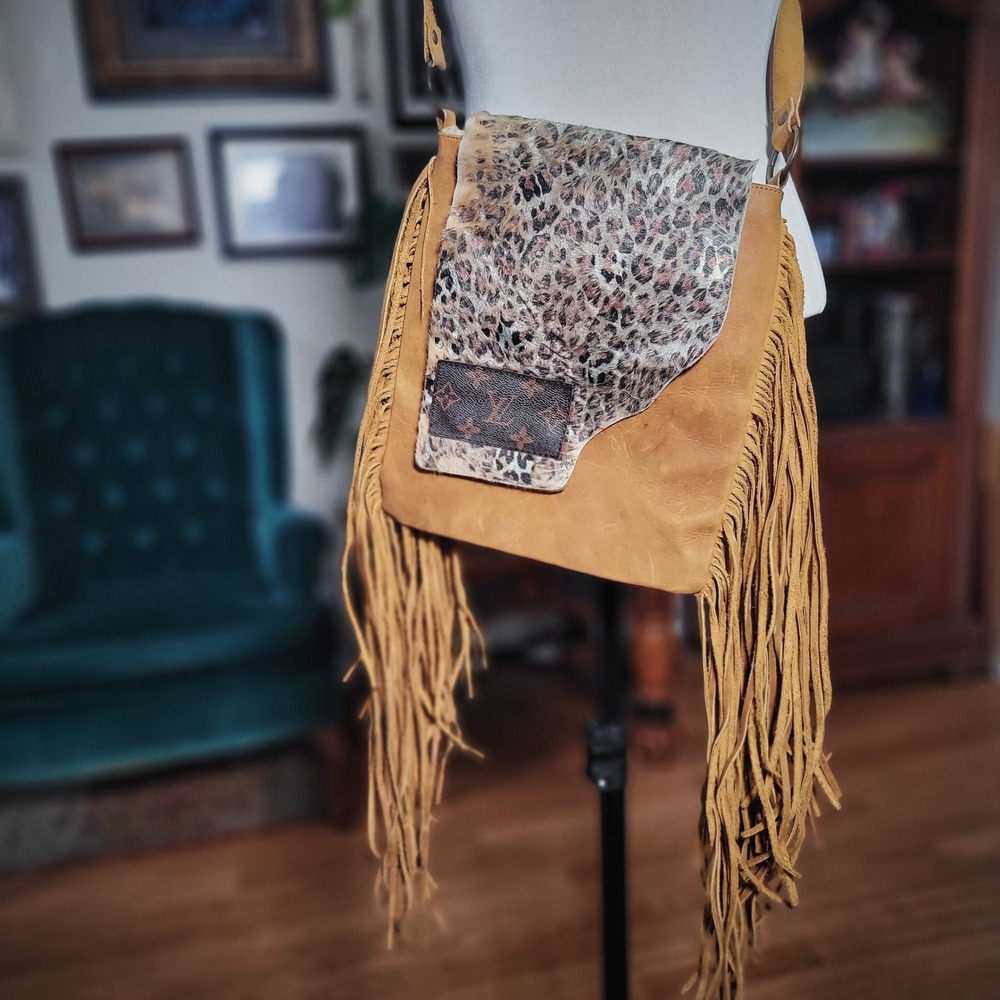 Gypsy Junkies Crossbody Bag Leather Fringe Leopard Fur Upcycled LV Patch Boho